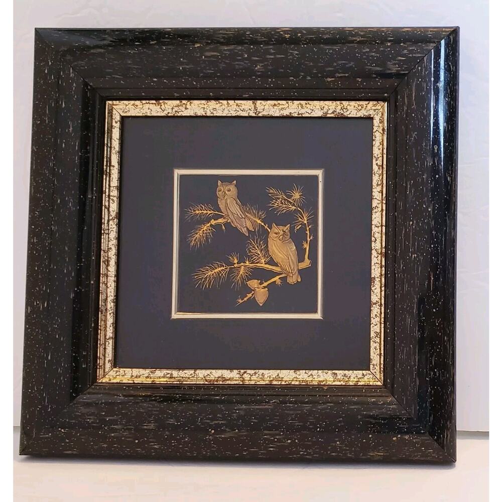 Framed Owl Art 24K Gold‎ Damascene By Artesania de Toledo Spain 8" Square